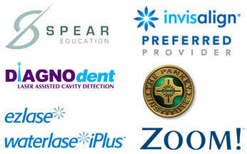 Spear Education, The Pankey Institude, Invisalign Preferred Provider, DiagnoDent laser assisted cavity detection, Ezlase, Waterlaze iPlus, Zoom Teeth Whitening.